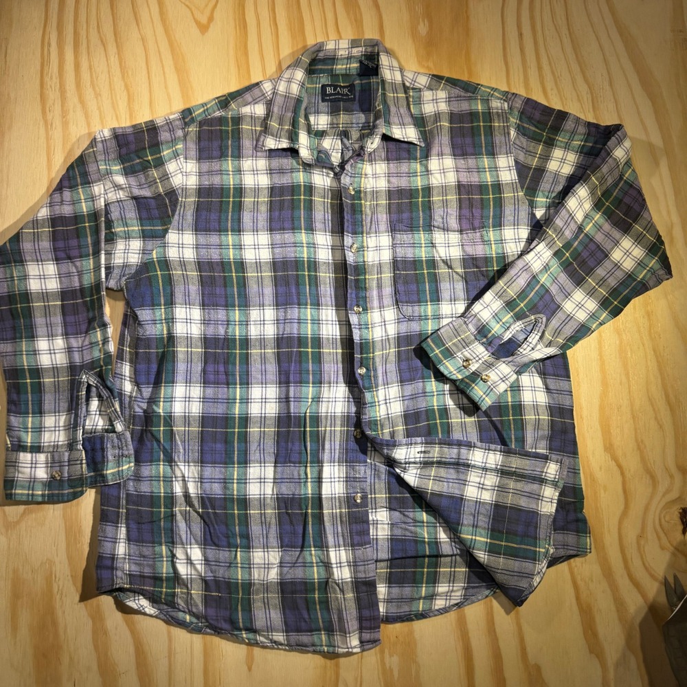80s 90sn Blair Men's XL Flannel Shirt Blue Green White Plaid Long Sleeve